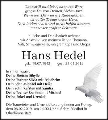 Traueranzeige von Hans Hedel von Mitteldeutsche Zeitung