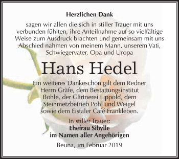 Traueranzeige von Hans Hedel von WVG - Wochenspiegel Merseburg
