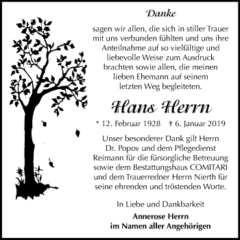 Traueranzeige von Hans Herrn von WVG - Wochenspiegel NMB / WSF / ZTZ
