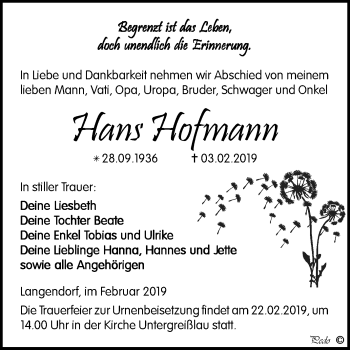 Traueranzeige von Hans Hofmann von WVG - Wochenspiegel NMB / WSF / ZTZ