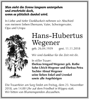 Traueranzeige von Hans-Hubertus Wegener von Mitteldeutsche Zeitung Aschersleben