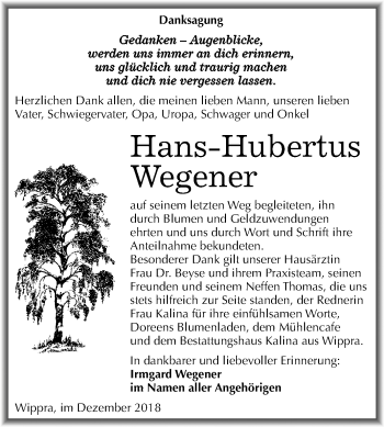 Traueranzeige von Hans-Hubertus Wegener von Mitteldeutsche Zeitung Aschersleben