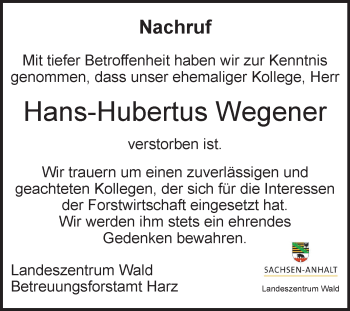 Traueranzeige von Hans-Hubertus Wegener von Mitteldeutsche Zeitung Aschersleben