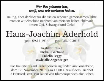 Traueranzeige von Hans-Joachim Aderhold von Super Sonntag SGH Mansf. Land