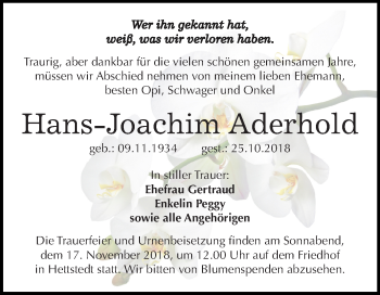 Traueranzeige von Hans-Joachim Aderhold von Mitteldeutsche Zeitung Mansfelder Land