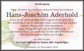 Traueranzeige von Hans-Joachim Aderhold von Super Sonntag SGH Mansf. Land