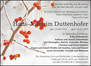 Traueranzeige von Hans-Joachim Duttenhofer von WVG - Wochenspiegel Dessau / Köthen