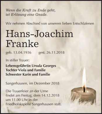 Traueranzeige von Hans-Joachim Franke von Super Sonntag SGH Mansf. Land
