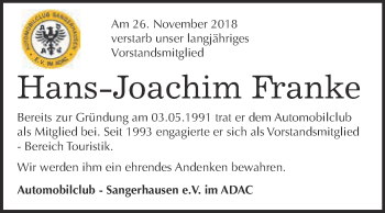 Traueranzeige von Hans-Joachim Franke von Super Sonntag SGH Mansf. Land