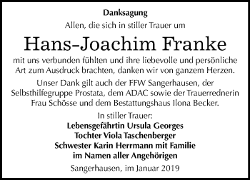 Traueranzeige von Hans-Joachim Franke von Mitteldeutsche Zeitung Sangerhausen