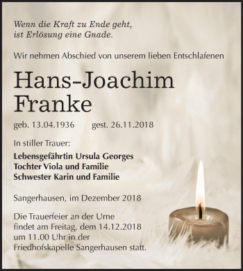Traueranzeige von Hans-Joachim Franke von Mitteldeutsche Zeitung Sangerhausen