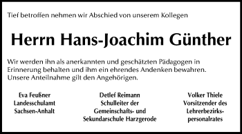 Traueranzeige von Hans-Joachim Günther von Mitteldeutsche Zeitung Quedlinburg
