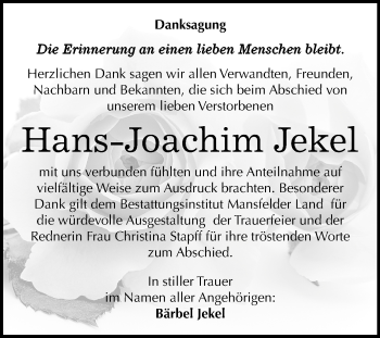 Traueranzeige von Hans-Joachim Jekel von Mitteldeutsche Zeitung Mansfelder Land