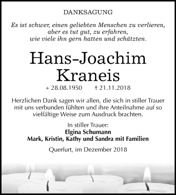 Traueranzeige von Hans-Joachim Kraneis von Mitteldeutsche Zeitung Merseburg/Querfurt