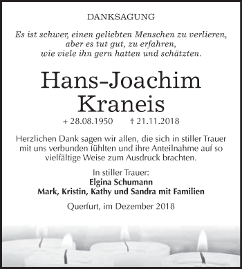 Traueranzeige von Hans-Joachim Kraneis von WVG - Wochenspiegel Merseburg