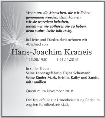 Traueranzeige von Hans-Joachim Kraneis von WVG - Wochenspiegel NMB / WSF / ZTZ