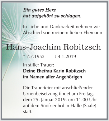 Traueranzeige von Hans-Joachim Robitzsch von Mitteldeutsche Zeitung Halle/Saalkreis
