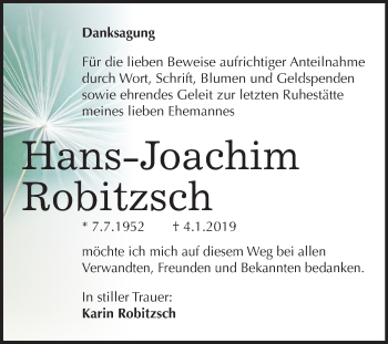 Traueranzeige von Hans-Joachim Robitzsch von Mitteldeutsche Zeitung Halle/Saalkreis