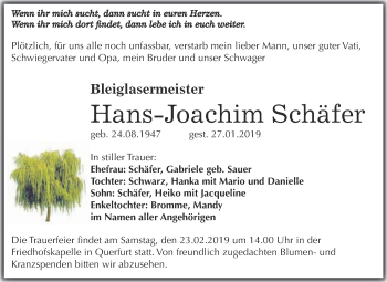 Traueranzeige von Hans-Joachim Schäfer von WVG - Wochenspiegel Merseburg