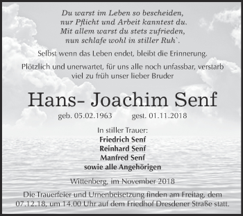 Traueranzeige von Hans-Joachim Senf von Super Sonntag Wittenberg