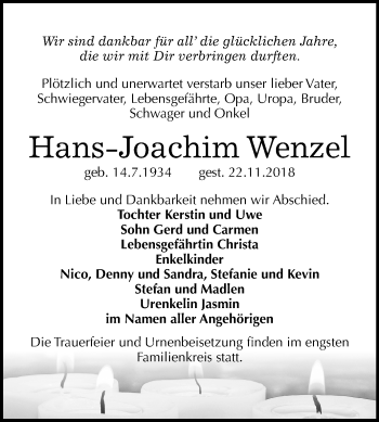 Traueranzeige von Hans-Joachim Wenzel von Mitteldeutsche Zeitung Sangerhausen