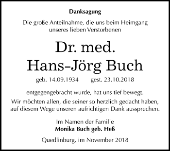 Traueranzeige von Hans-Jörg Buch von Mitteldeutsche Zeitung Quedlinburg