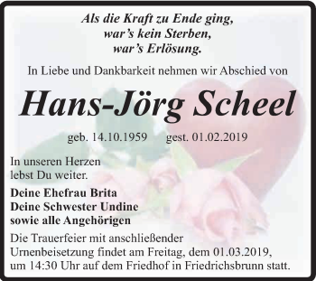 Traueranzeige von Hans-Jörg Scheel von Super Sonntag Quedlinburg