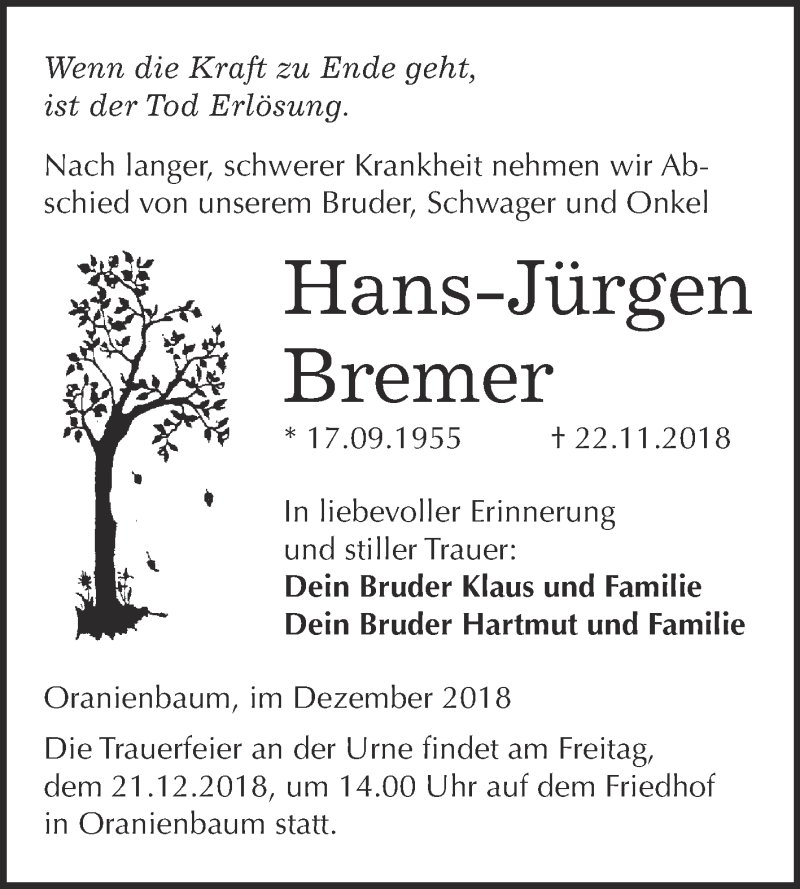  Traueranzeige für Hans-Jürgen Bremer vom 08.12.2018 aus WVG - Wochenspiegel Wittenberg