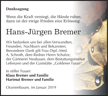Traueranzeige von Hans-Jürgen Bremer von Mitteldeutsche Zeitung Wittenberg