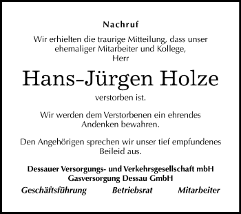 Traueranzeige von Hans-Jürgen Holze von Mitteldeutsche Zeitung Dessau-Roßlau