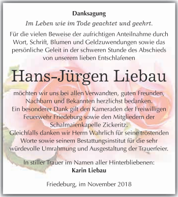 Traueranzeige von Hans-Jürgen Liebau von Super Sonntag SGH Mansf. Land
