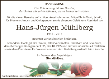 Traueranzeige von Hans-Jürgen Mühlberg von Super Sonntag Aschersleben