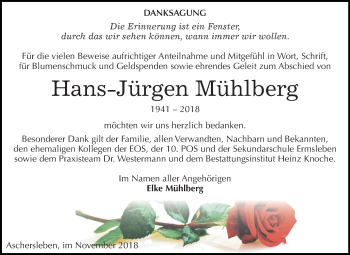 Traueranzeige von Hans-Jürgen Mühlberg von Mitteldeutsche Zeitung Aschersleben