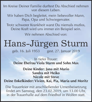 Traueranzeige von Hans-Jürgen Sturm von WVG - Wochenspiegel Bitterfeld