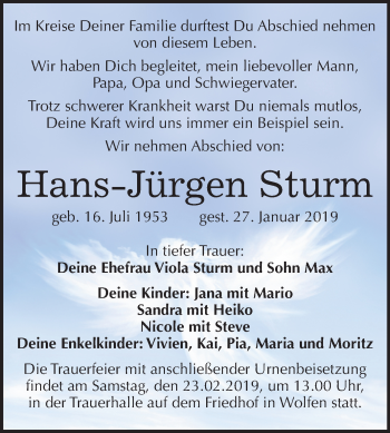 Traueranzeige von Hans-Jürgen Sturm von Mitteldeutsche Zeitung Bitterfeld