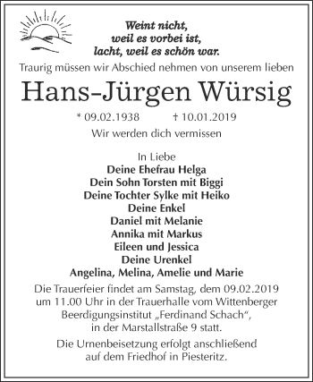 Traueranzeige von Hans-Jürgen Würsig von WVG - Wochenspiegel Wittenberg