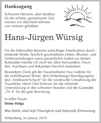 Traueranzeige von Hans-Jürgen Würsig von WVG - Wochenspiegel Wittenberg