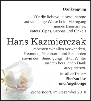 Traueranzeige von Hans Kazmierczak von Mitteldeutsche Zeitung Bitterfeld