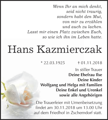 Traueranzeige von Hans Kazmierczak von WVG - Wochenspiegel Bitterfeld