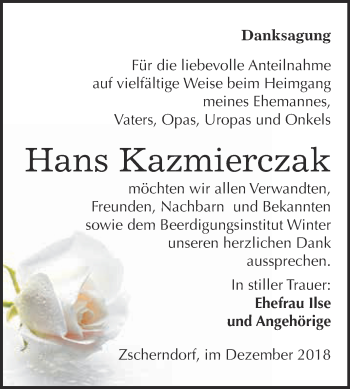 Traueranzeige von Hans Kazmierczak von WVG - Wochenspiegel Bitterfeld
