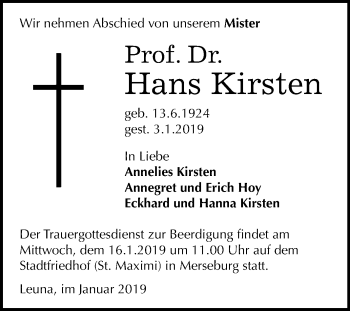 Traueranzeige von Hans Kirsten von WVG - Wochenspiegel Merseburg
