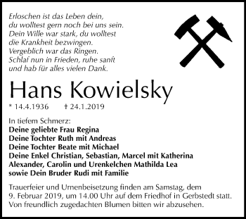 Traueranzeige von Hans Kowielsky von Wochenspiegel Mansfelder Land
