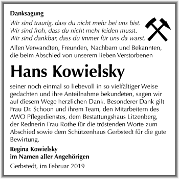 Traueranzeige von Hans Kowielsky von Mitteldeutsche Zeitung Mansfelder Land