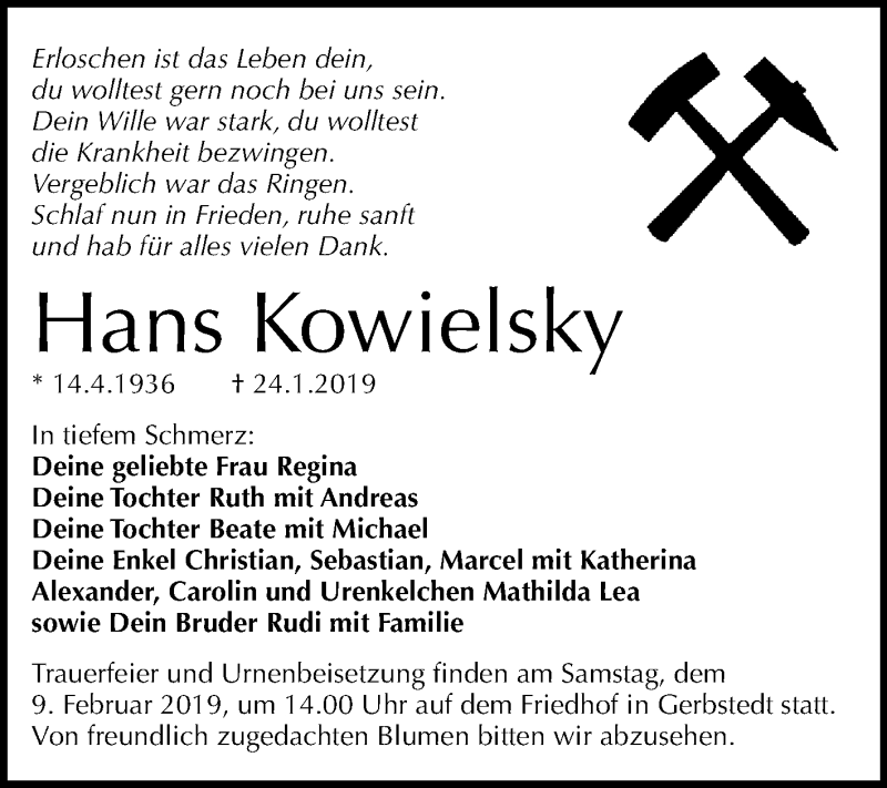  Traueranzeige für Hans Kowielsky vom 06.02.2019 aus Wochenspiegel Mansfelder Land