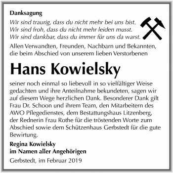 Traueranzeige von Hans Kowielsky von Wochenspiegel Mansfelder Land