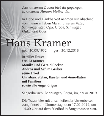 Traueranzeige von Hans Kramer von Super Sonntag SGH Mansf. Land