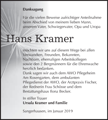 Traueranzeige von Hans Kramer von Super Sonntag SGH Mansf. Land