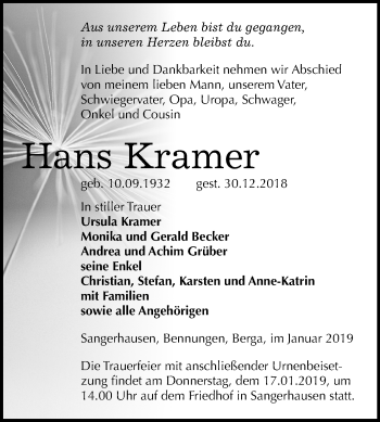 Traueranzeige von Hans Kramer von Mitteldeutsche Zeitung Sangerhausen