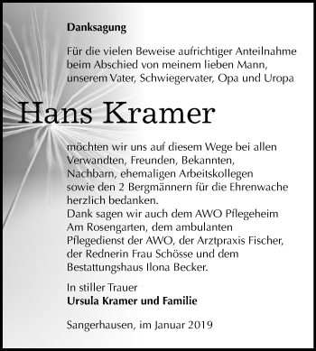 Traueranzeige von Hans Kramer von Mitteldeutsche Zeitung Sangerhausen