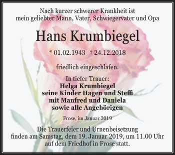 Traueranzeige von Hans Krumbiegel von Mitteldeutsche Zeitung Aschersleben